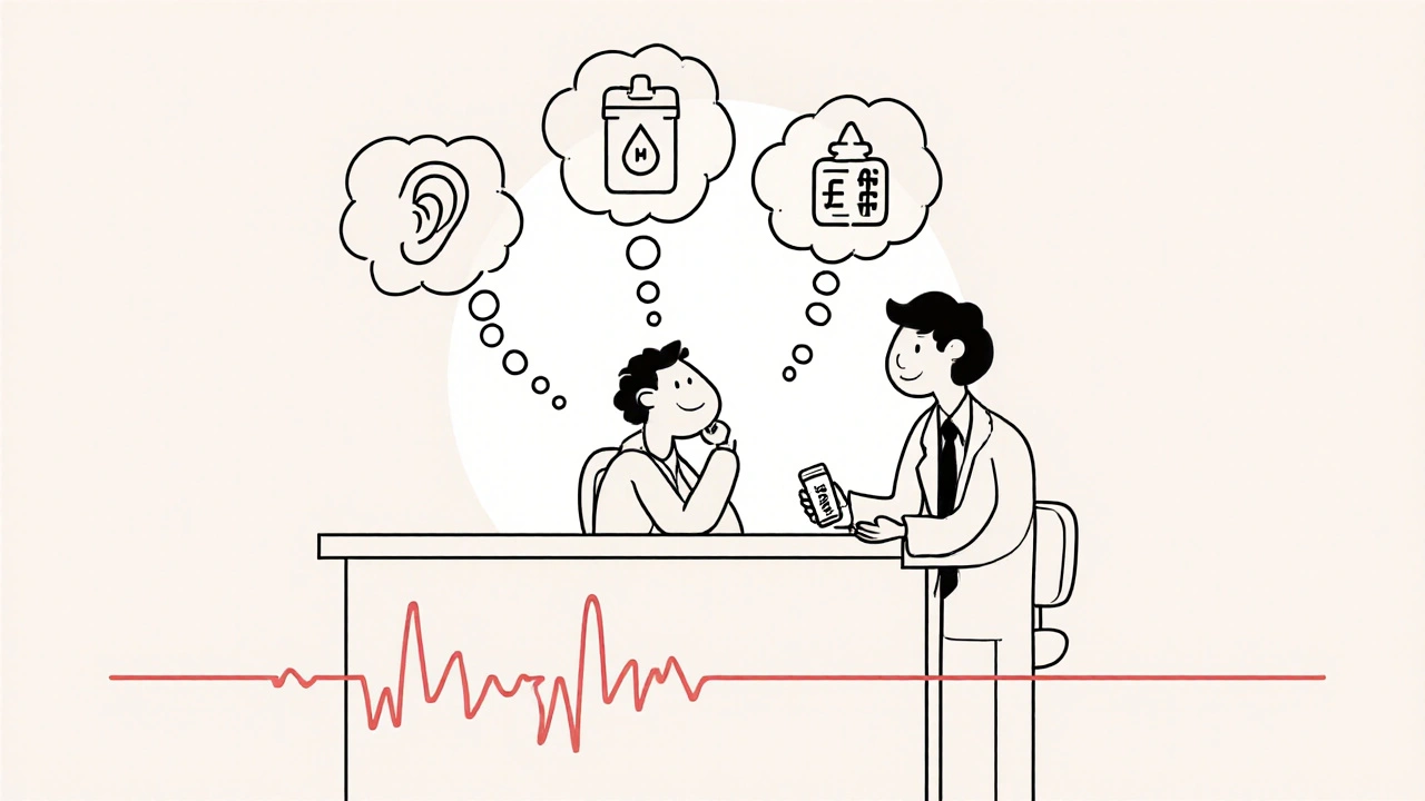 Dessin monoline d'un patient et d'un médecin discutant, avec des bulles d'idées sur tolérance, coût, comorbidités et prise unique.