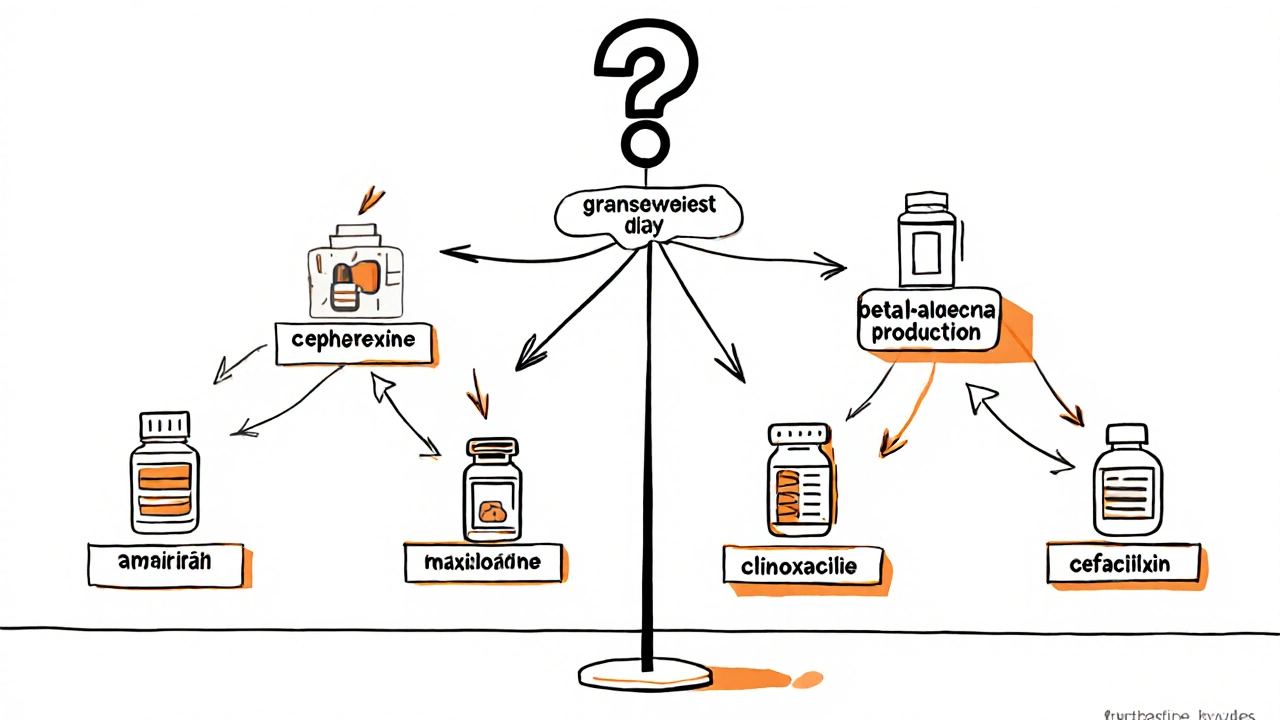 Diagramme monoligne montrant un arbre décisionnel de choix d'antibiotique selon l'infection.