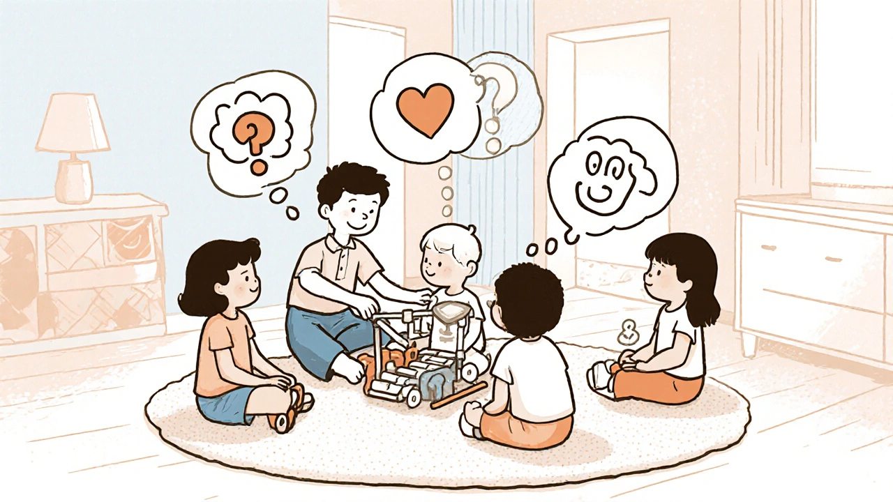 Frère aidant son sibling à jouer, entourés d'un groupe de soutien d'enfants.