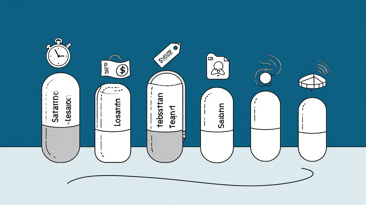 Illustration monoline de six pilules étiquetées, chacune accompagnée d'icônes de demi-vie, prix et effets secondaires.