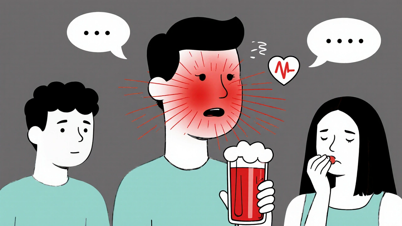 Illustration monoline montrant une personne rougissant après un verre d'alcool, entourée d'amis inquiets.