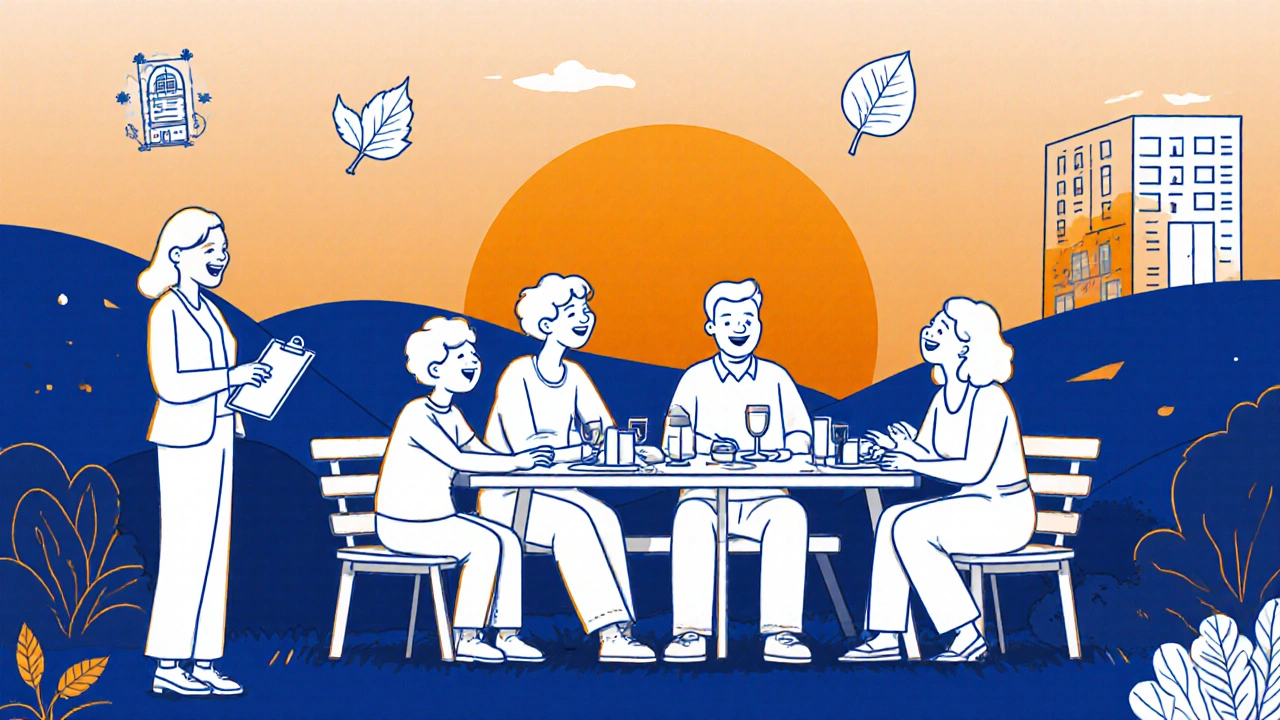 Rituel familial autour du dîner, avec une thérapeute et des symboles de ressources communautaires.