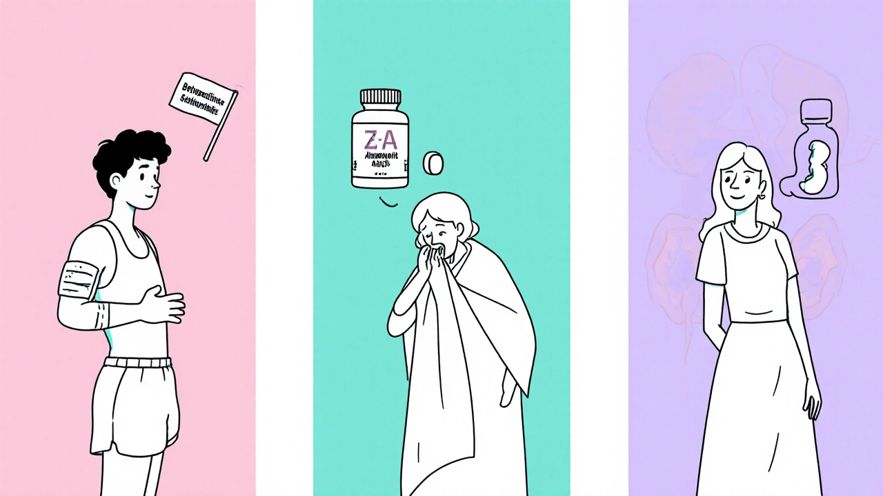 Scènes monolignes illustrant trois cas cliniques : infection cutanée, bronchite atypique et infection urinaire.