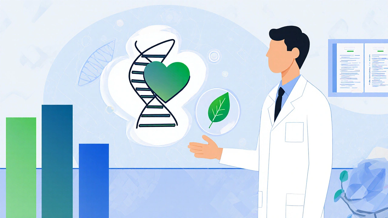 Clinicien avec hélice d'ADN se transformant en cœur et feuille, barres de score de risque.