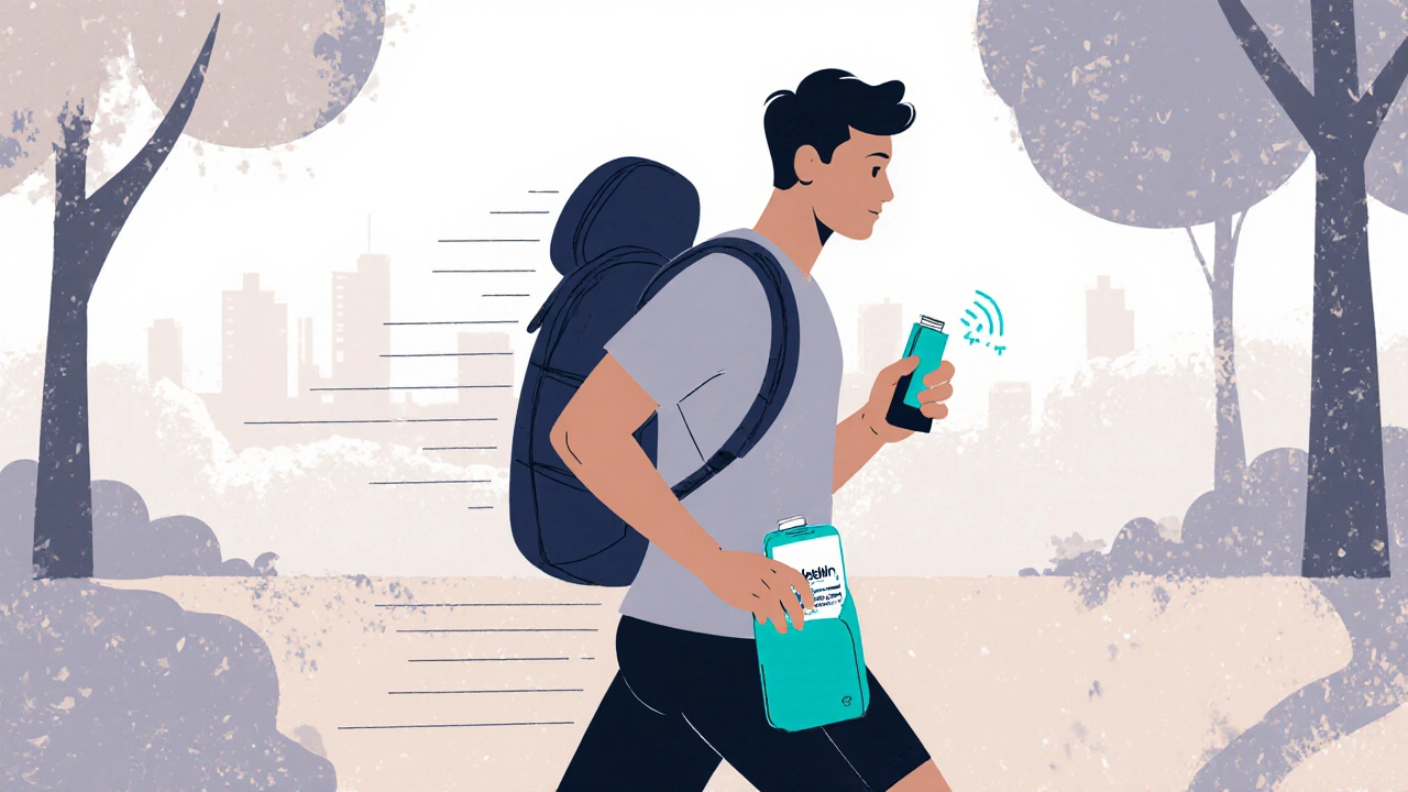 Coureur sortant un inhalateur Asthalin de son sac avant de partir courir.