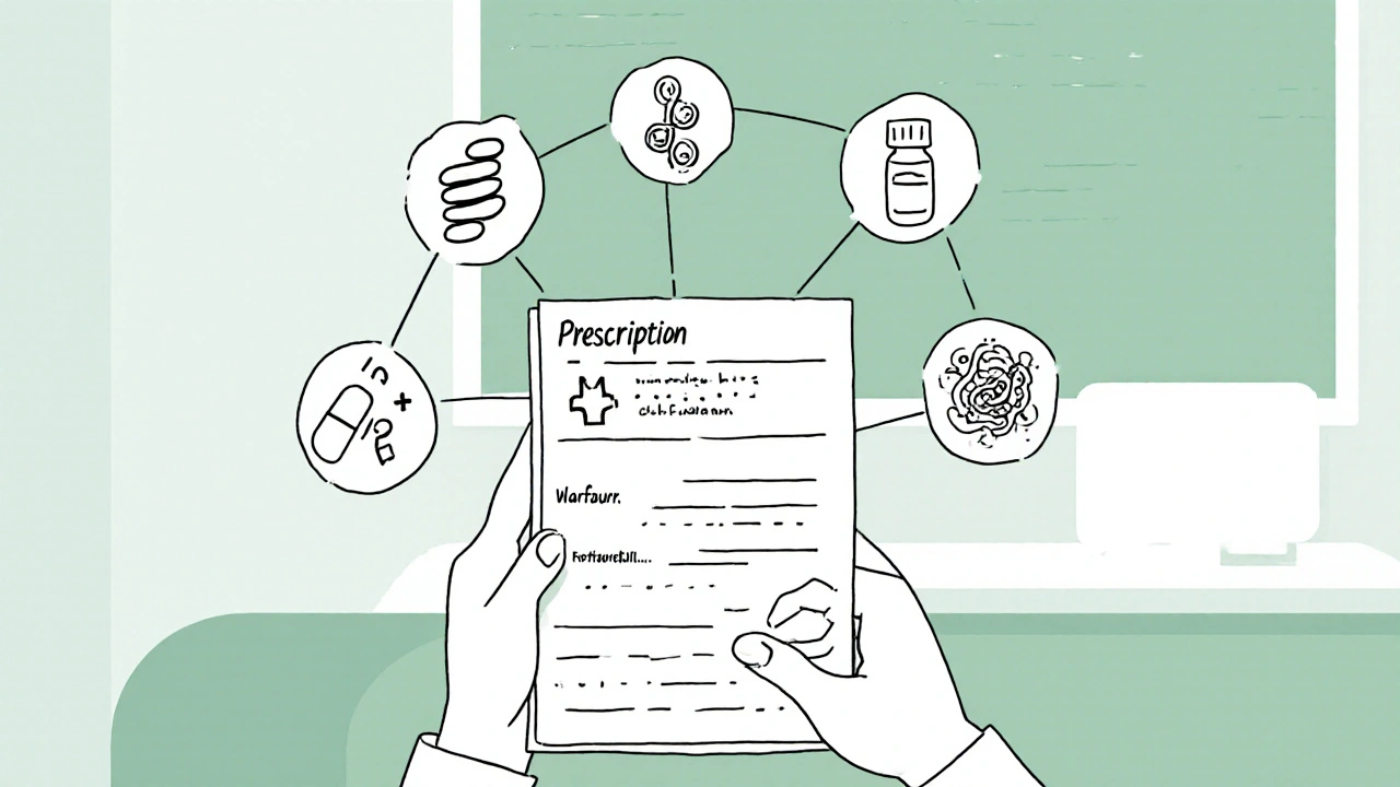 Docteur avec ordonnance entouré d’icônes de CYP2C19, warfarine, B12 et microbiote.