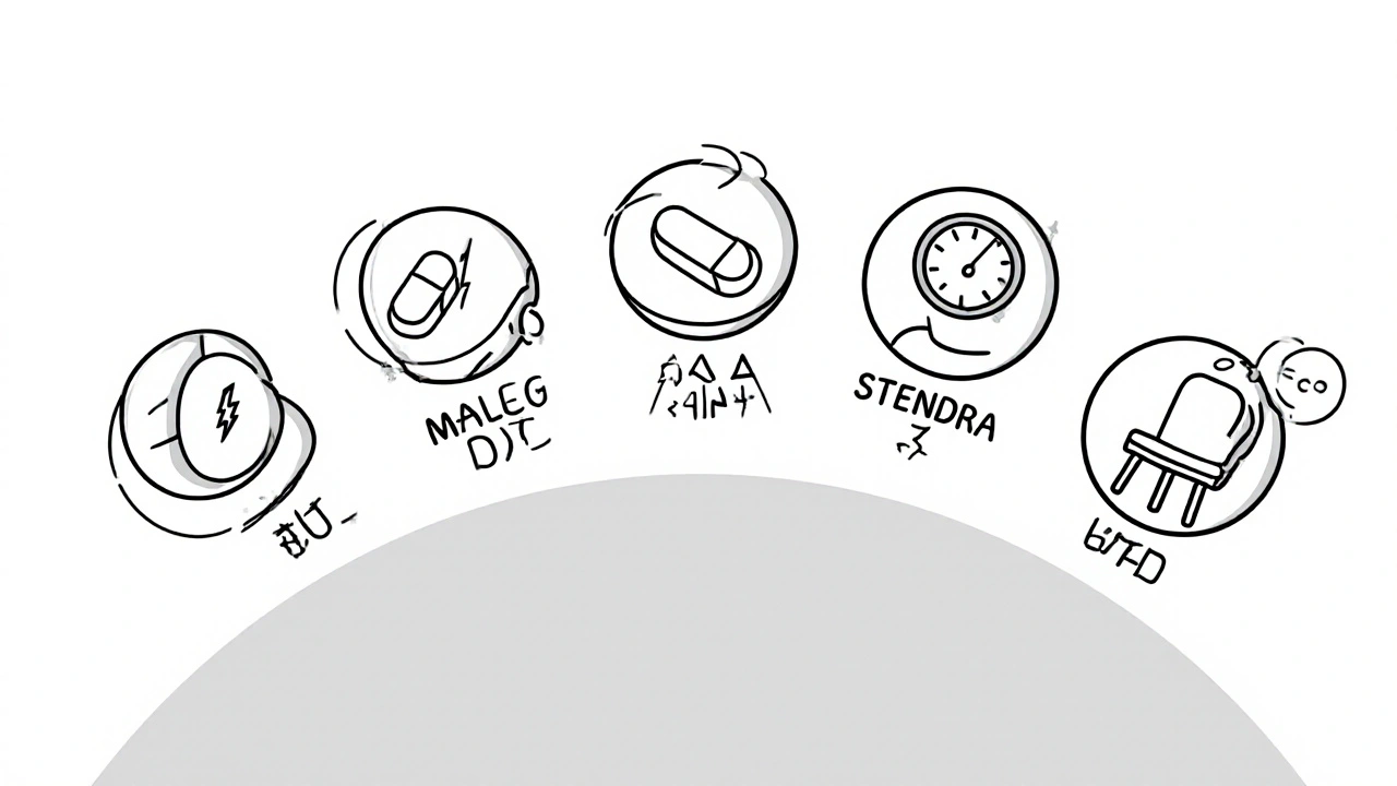 Icônes monolignes comparant Malegra DXT, Viagra, Cialis, Stendra et thérapie CBT.