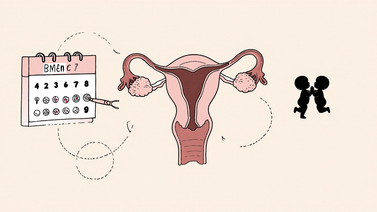 Illustration monoline d’un calendrier de traitement, d’une échographie d’ovaire et d’un ovaire gonflé illustrant les effets du clomifène.