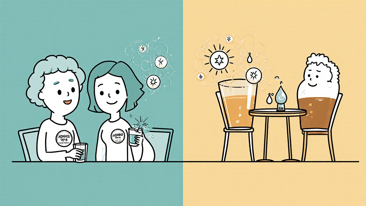 Jumeaux assis, l'un avec variante ADH1B protectrice, l'autre avec variant ALDH2 à risque.