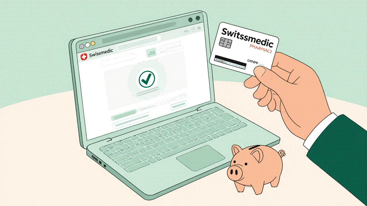 Main appliquant une carte de réduction à une pharmacie en ligne, montrant des économies.