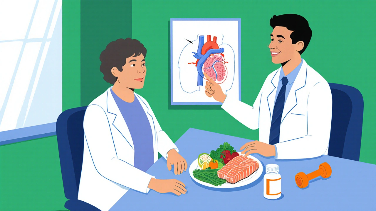 Médecin et patient discutant prévention avec aliments sains et médicaments.