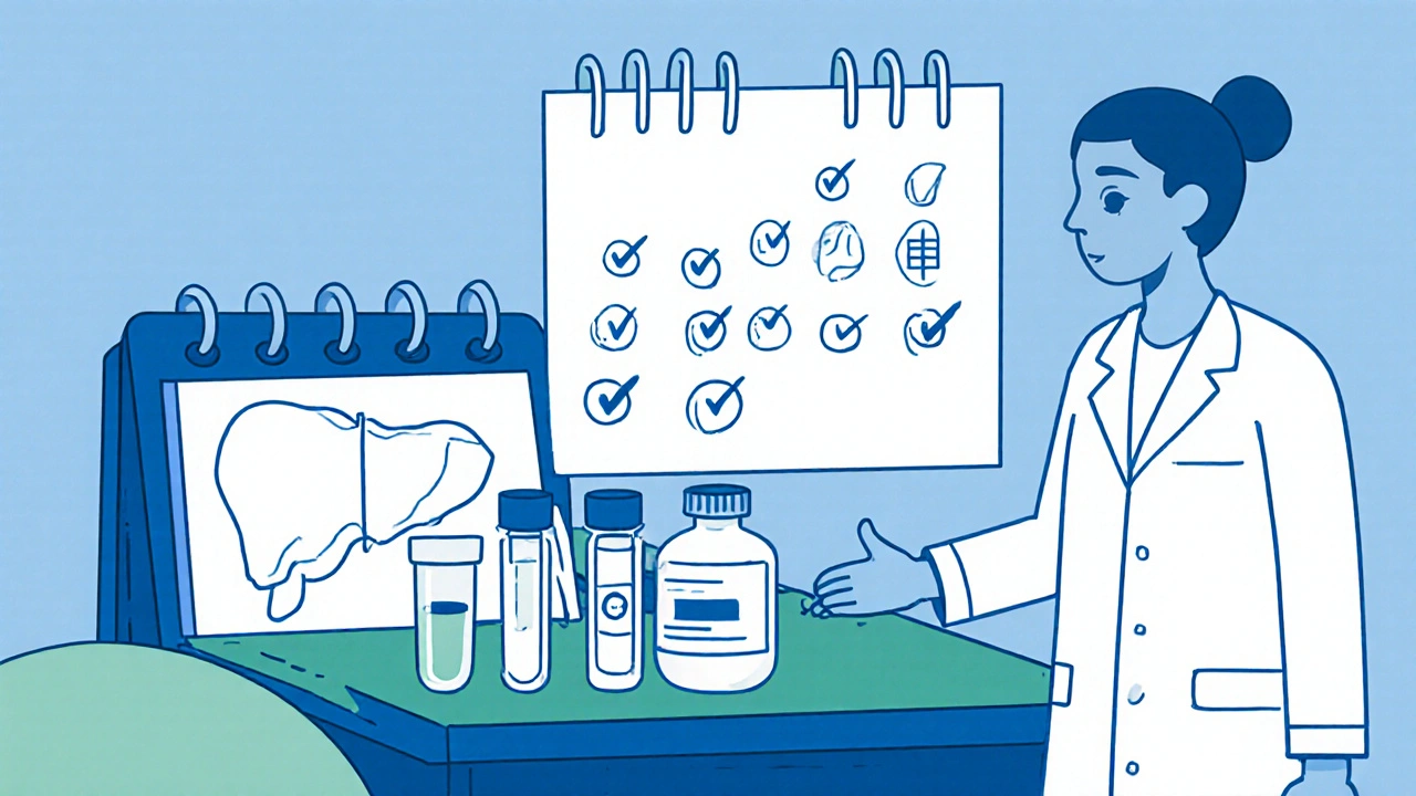 Médecin surveillant le foie et les niveaux sanguins d'itraconazole avec calendrier mensuel.