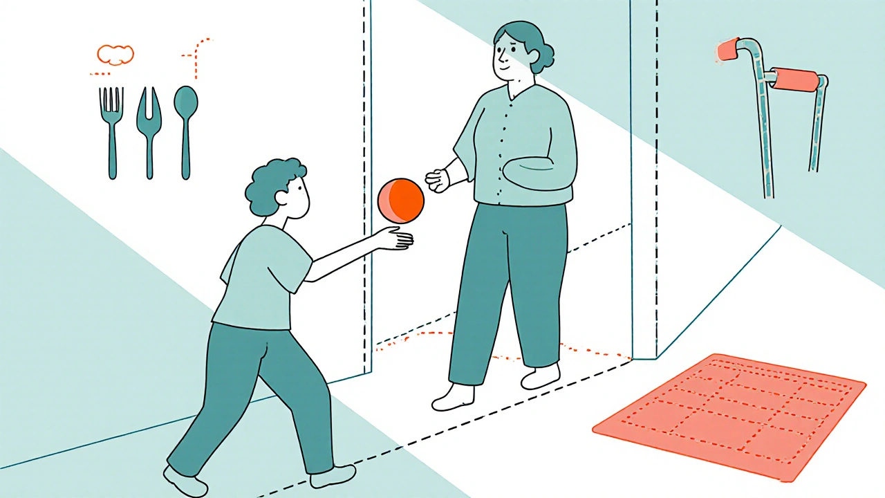 Patient pratiquant l'exercice du ballon avec des aides adaptées comme des ustensiles à manche large.