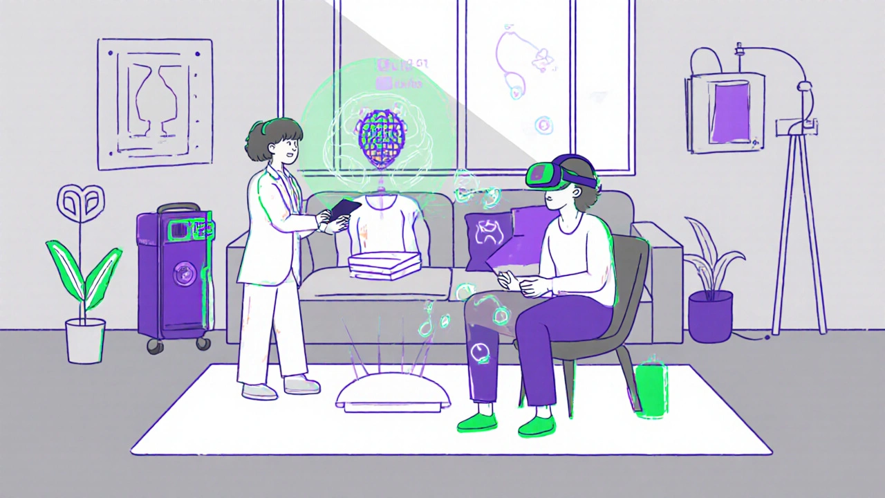 Patient utilisant la réalité virtuelle pour la rééducation, avec un thérapeute et un appareil de stimulation cérébrale.