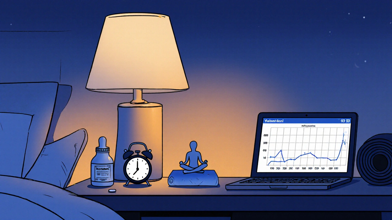 Scène de routine du coucher avec yoga, méditation, melatonine et graphique de sommeil REM amélioré.