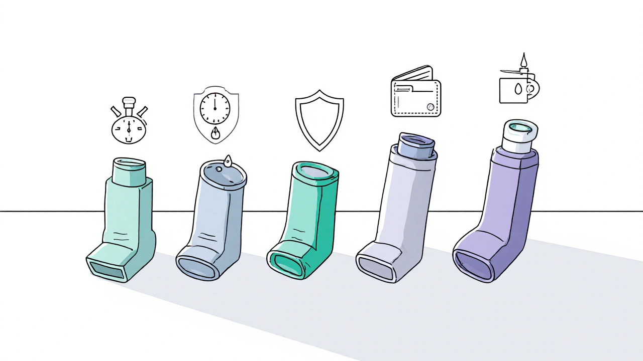 Six inhalateurs différents alignés avec des icônes symbolisant leurs caractéristiques.