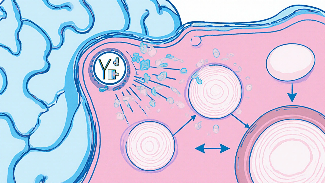 Vue monoline du clomifène bloquant les récepteurs d’œstrogènes dans l’hypothalamus, entraînant une hausse de GnRH, FSH et LH.
