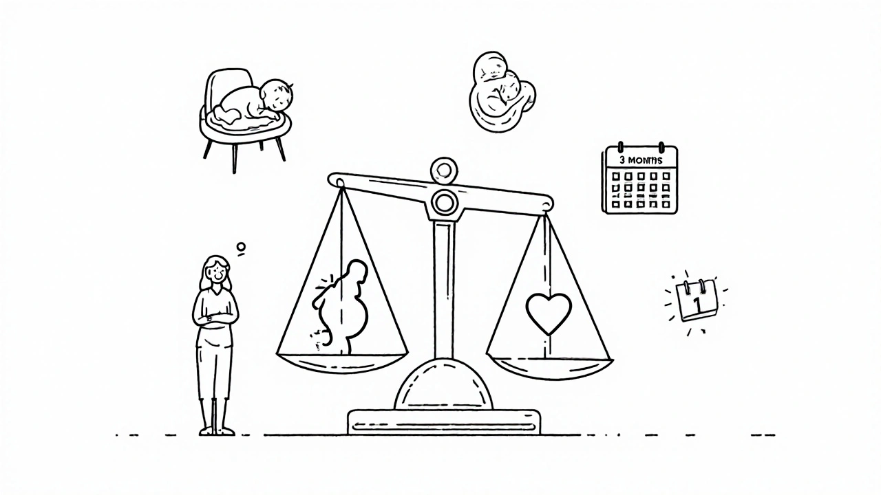 Balance équilibrée entre un fœtus et un cœur, avec symboles de soin et planification préconceptionnelle.