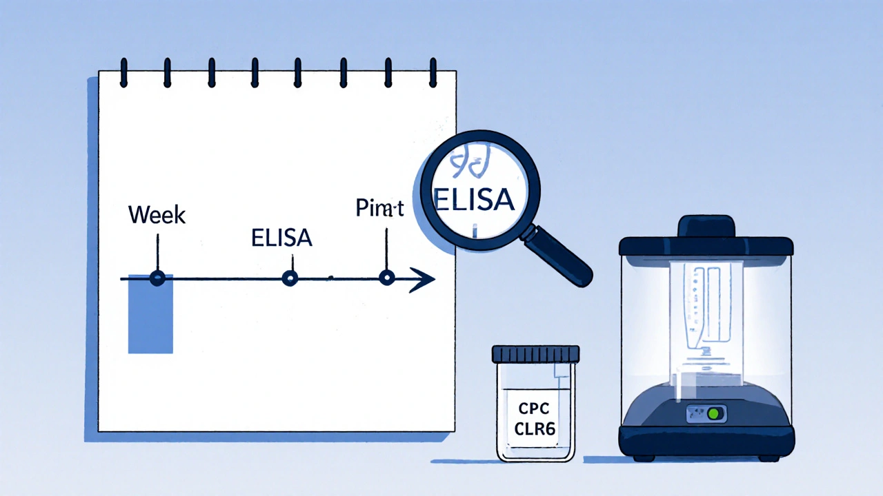 Calendrier et tubes de test illustrant la période fenêtre du dépistage.