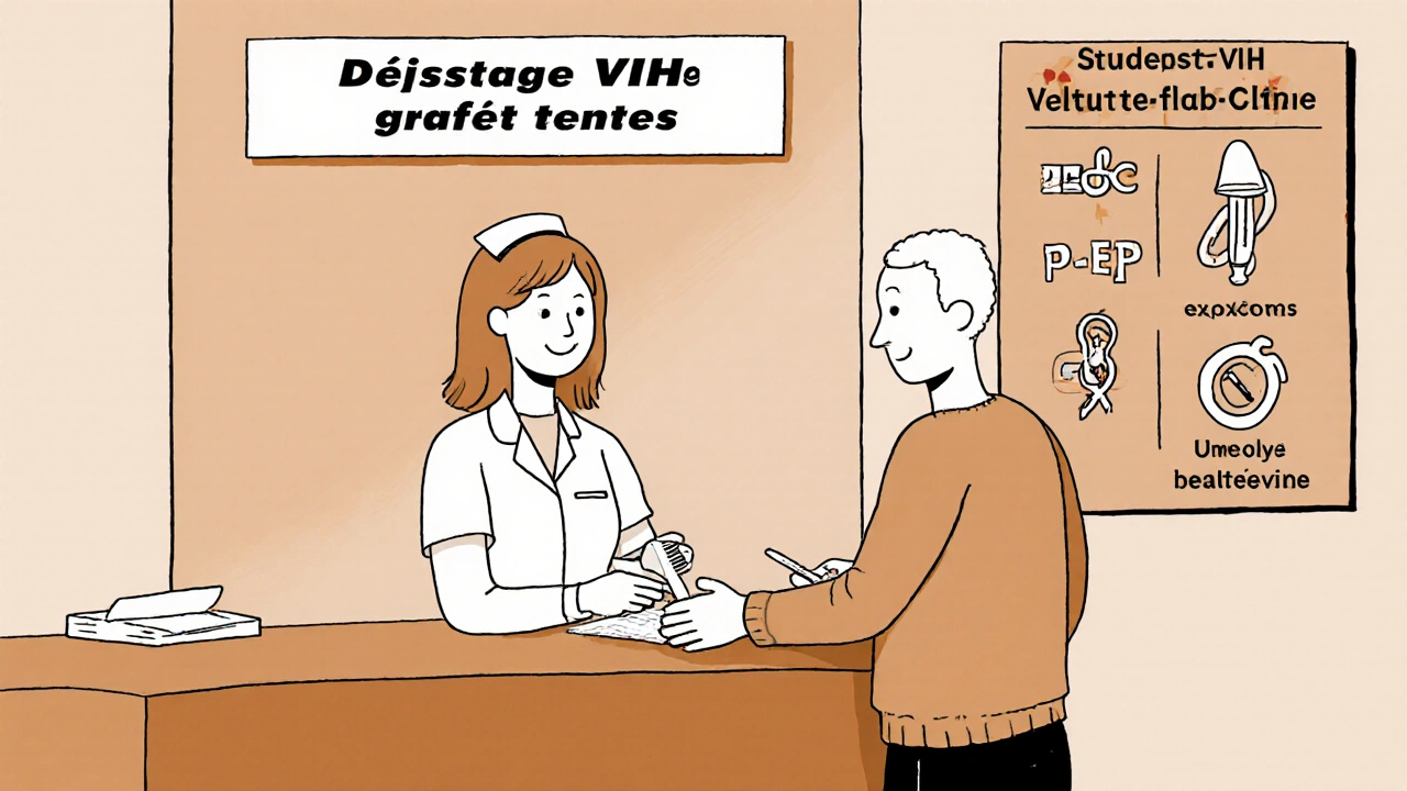 Clinique suisse offrant un test VIH gratuit avec icônes de prévention.