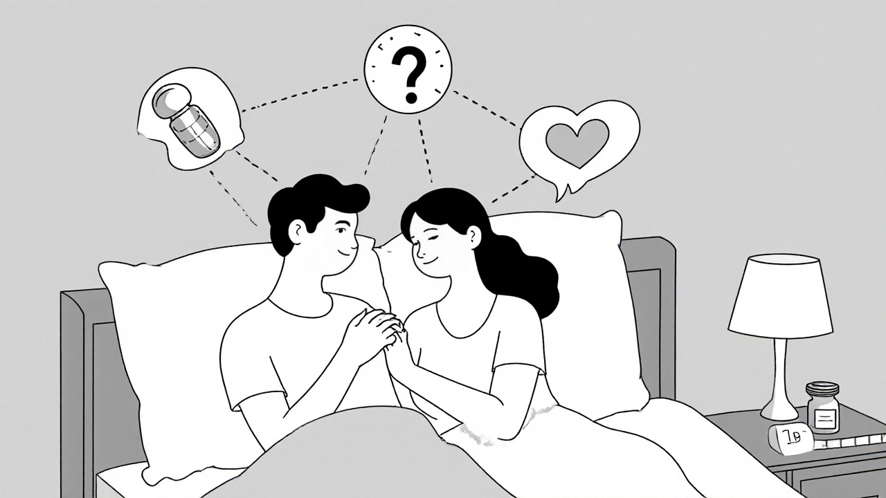 Couple au lit avec des icônes de stratégies non médicamenteuses pour améliorer l&#039;intimité après un ISRS.