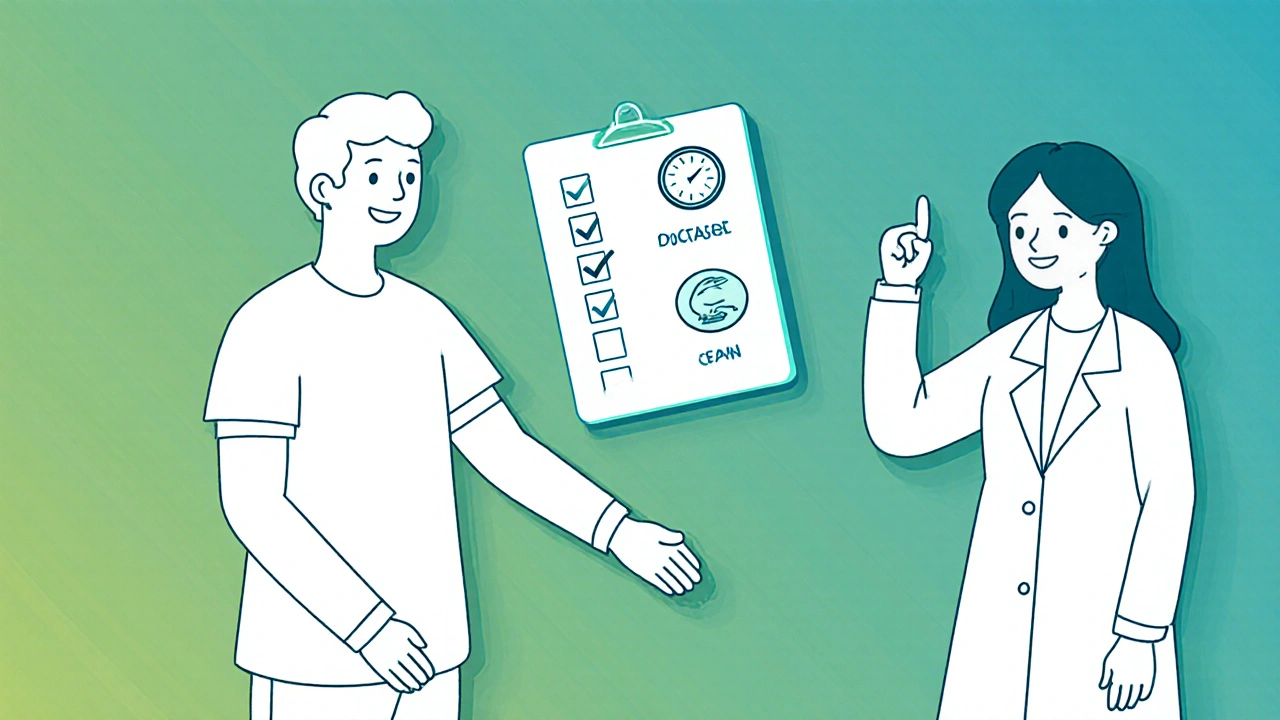 Couple souriant avec liste de contrôle médicale et médecin rassurant.