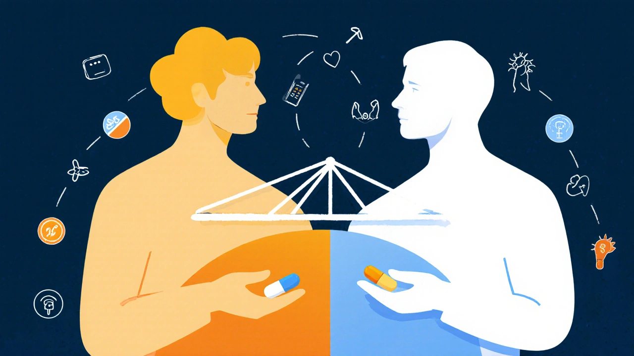 Deux pilules opposées connectées par des voies neurochimiques, symbolisant les alternatives thérapeutiques aux ISRS.