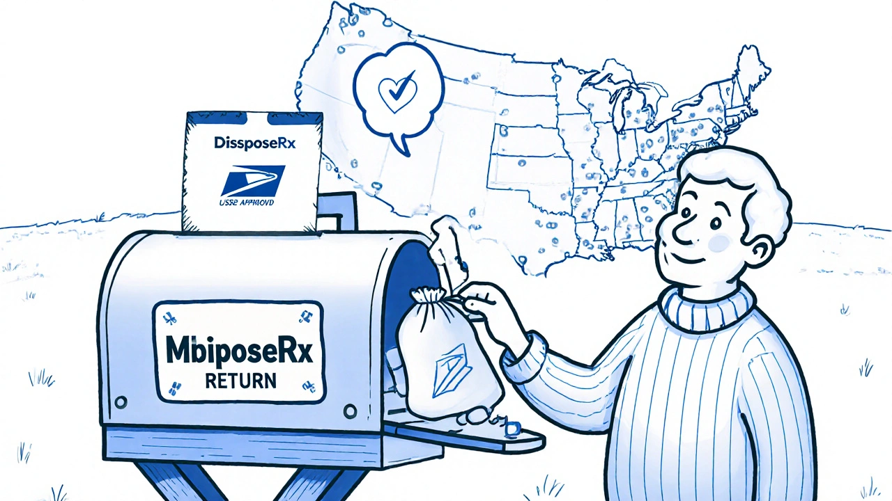 Enveloppe de retour par courrier pour médicaments dans une boîte aux lettres rurale.