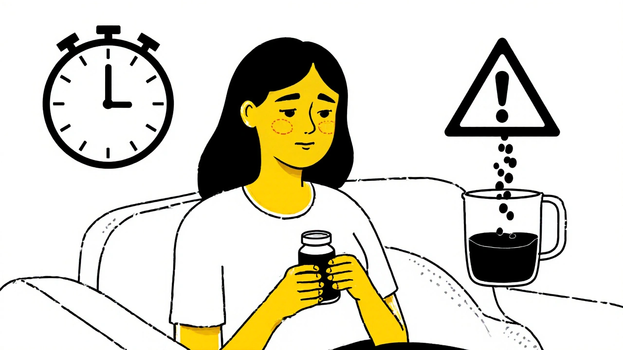 Femme fatiguée à la peau jaunie, avec une bouteille de médicament et une urine foncée.