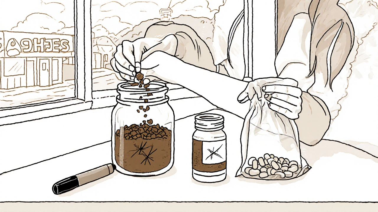 Femme mélangeant des comprimés avec du marc de café pour élimination sécurisée.