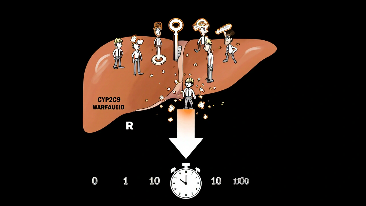 Foie avec des enzymes CYP2C9 qui dégradent la warfarine, symbolisant l&#039;induction enzymatique après 7 jours.