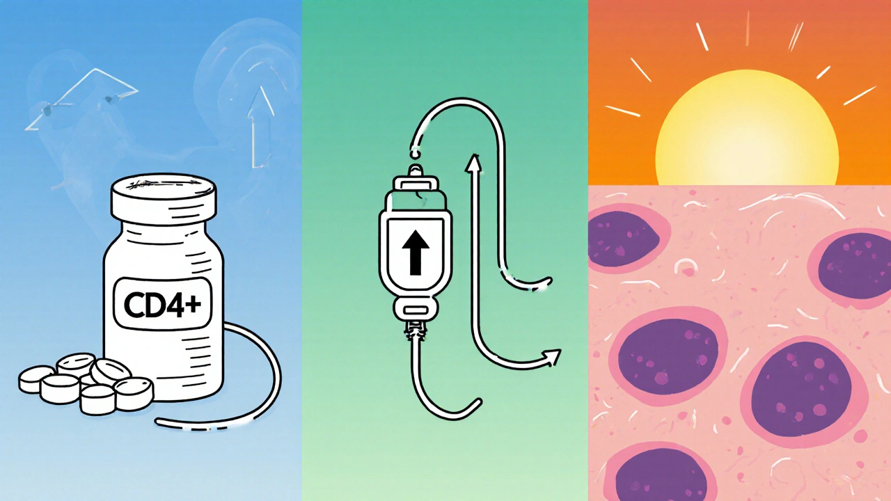 Illustration en trois parties du traitement antirétroviral, chimiothérapie et amélioration cutanée.