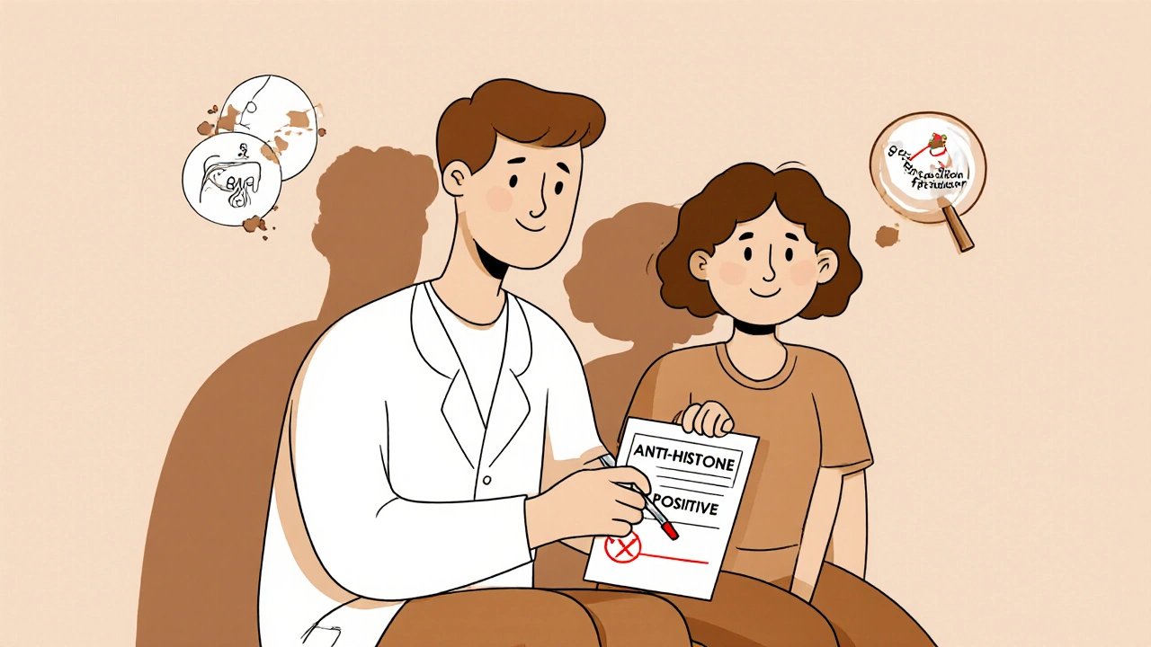 Médecin annulant une ordonnance tandis qu&#039;un test anti-histone est révélé.