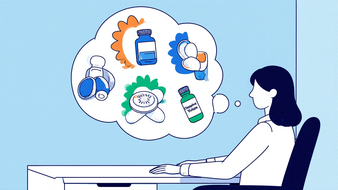 Médecin et patient discutent, bulles flottantes illustrent plusieurs antipsychotiques différents.