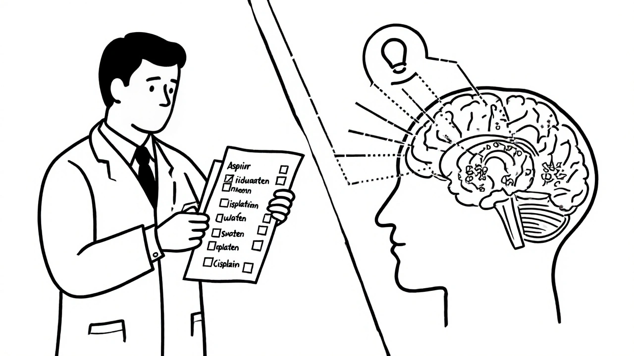 Médecin examinant des médicaments et une oreille interne endommagée.