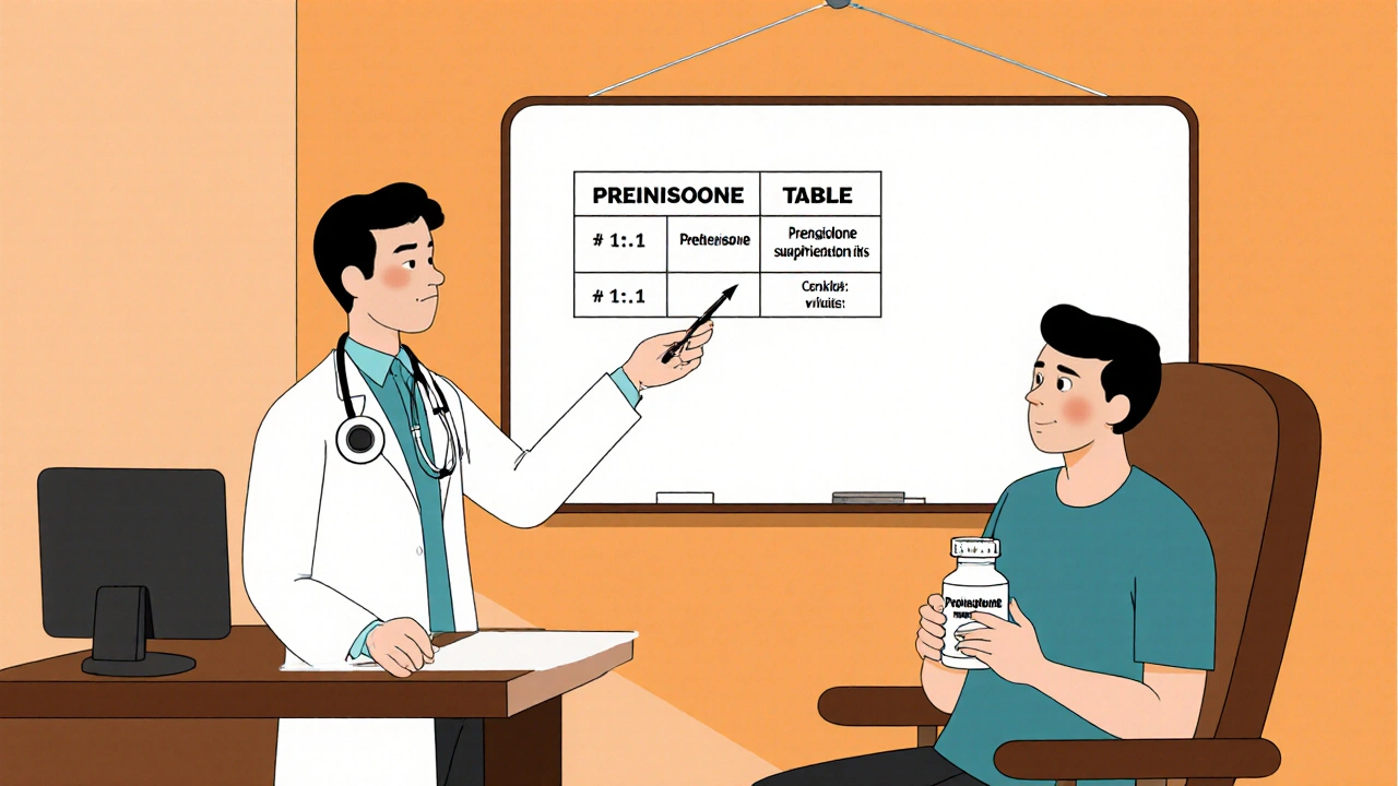 Médecin expliquant un tableau de conversion 1:1 entre Prednisone et Prednisolone.