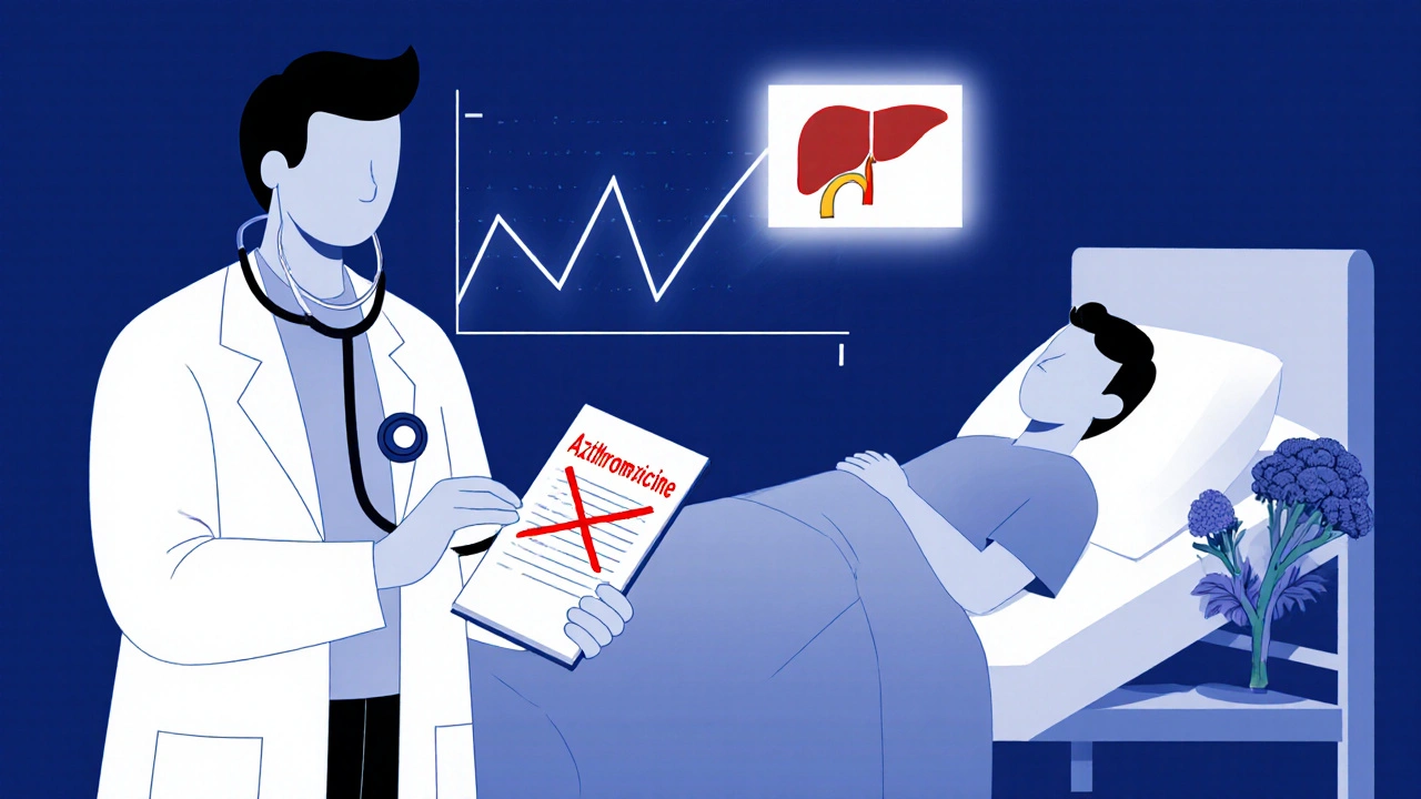 Médecin observant un bilan hépatique, patient en arrière-plan avec symbole de greffe et brocoli.