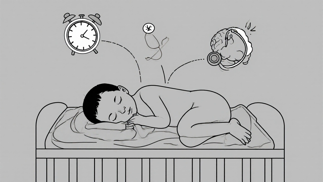 Nouveau-né endormi allaité par sa mère, avec symboles de transition sécurisée après la naissance.