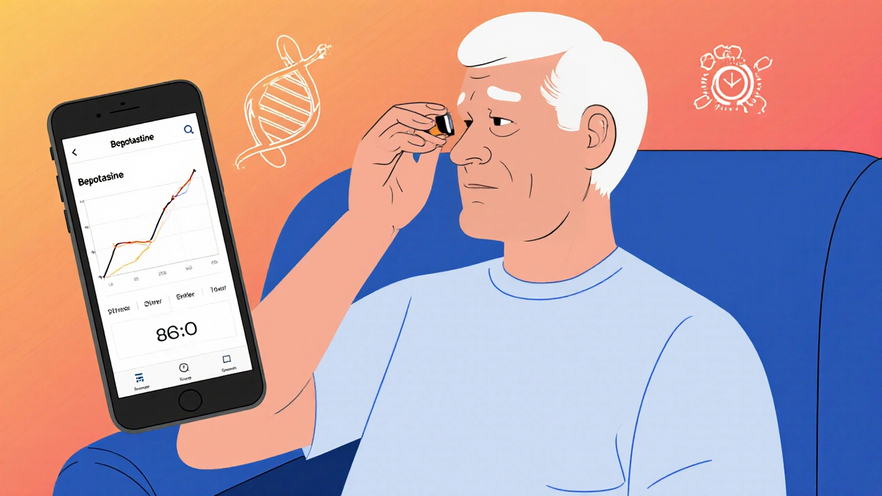 Patient appliquant une goutte de Bepotastine en consultant une appli mobile de suivi oculaire.