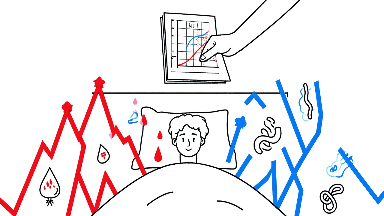 Patient avec deux forces opposées : saignement et caillot, suivant une courbe en V de l&#039;INR sur une feuille.