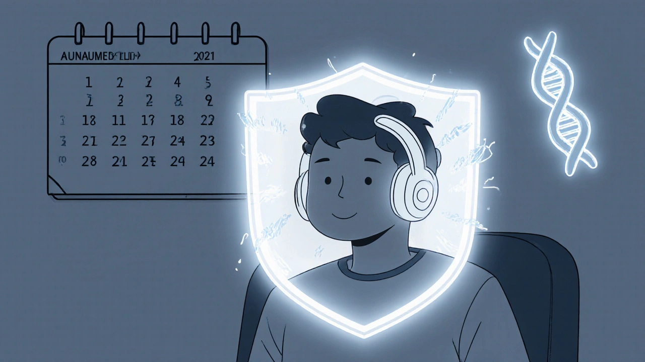 Patient avec écouteurs et bouclier protecteur autour des oreilles.