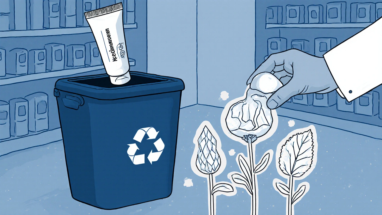 Patient déposant une crème dans une corbeille de recyclage, avec des alternatives naturelles qui poussent à ses pieds.