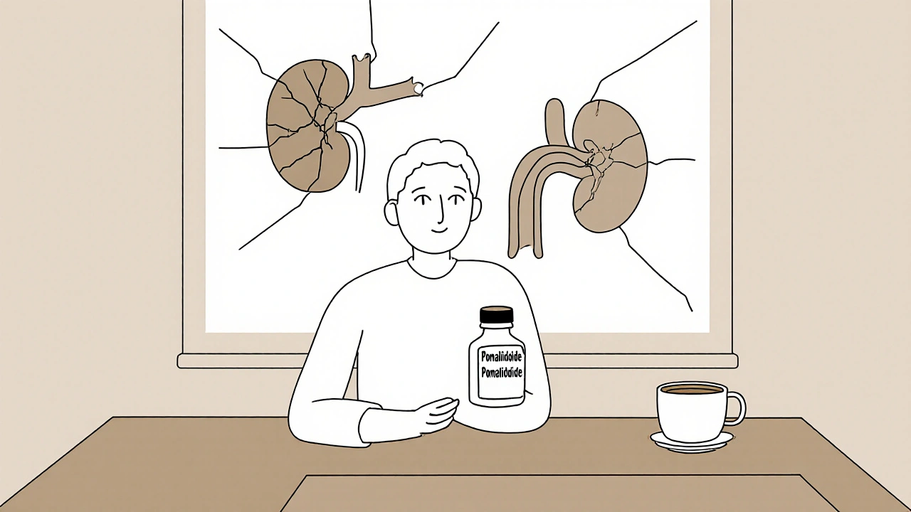 Patient prenant un comprimé de pomalidomide avec des organes en guérison en arrière-plan.