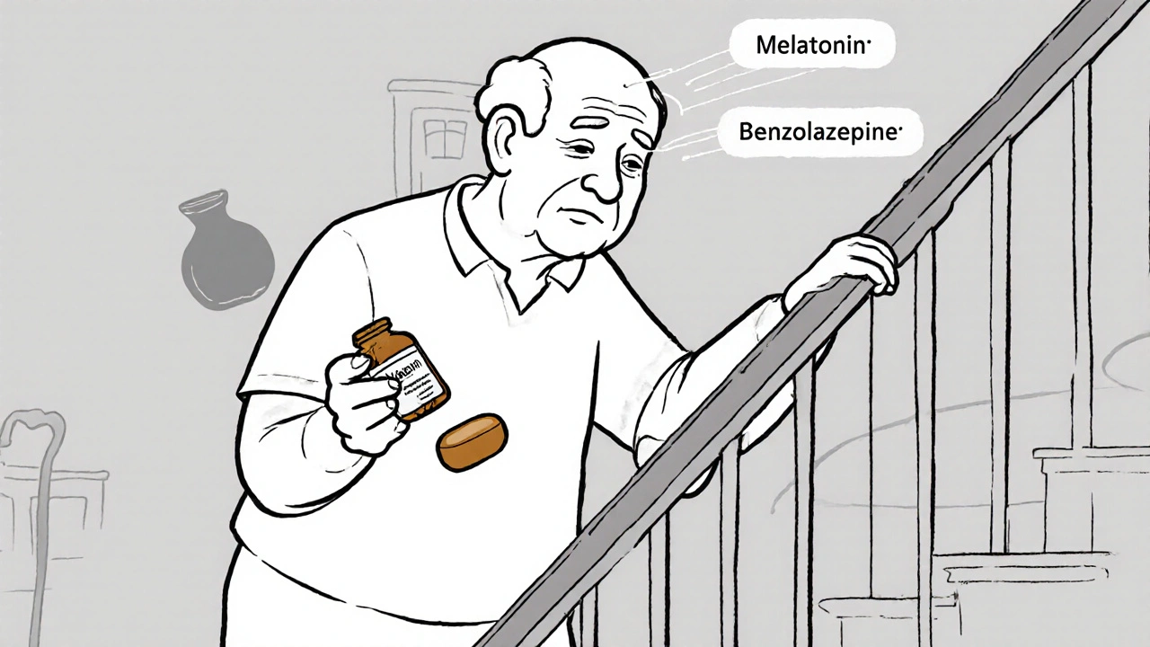 Personne âgée près d’un escalier, en équilibre instable, tenant deux comprimés et menacée par une ombre de chute.