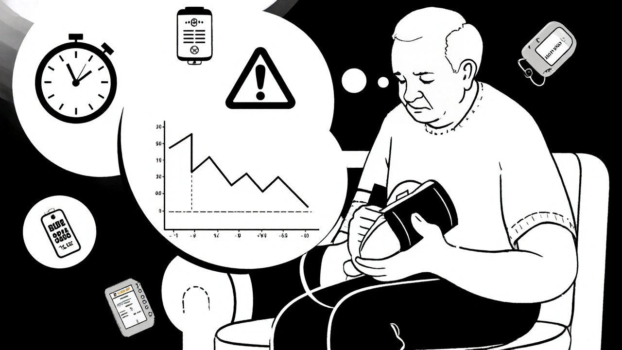Personne âgée vérifiant sa pression avec symboles d'alerte.