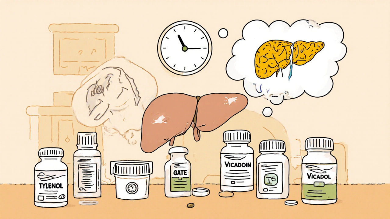 Personne entourée de comprimés et de compléments, foie qui se dégrade, horloge qui avance.