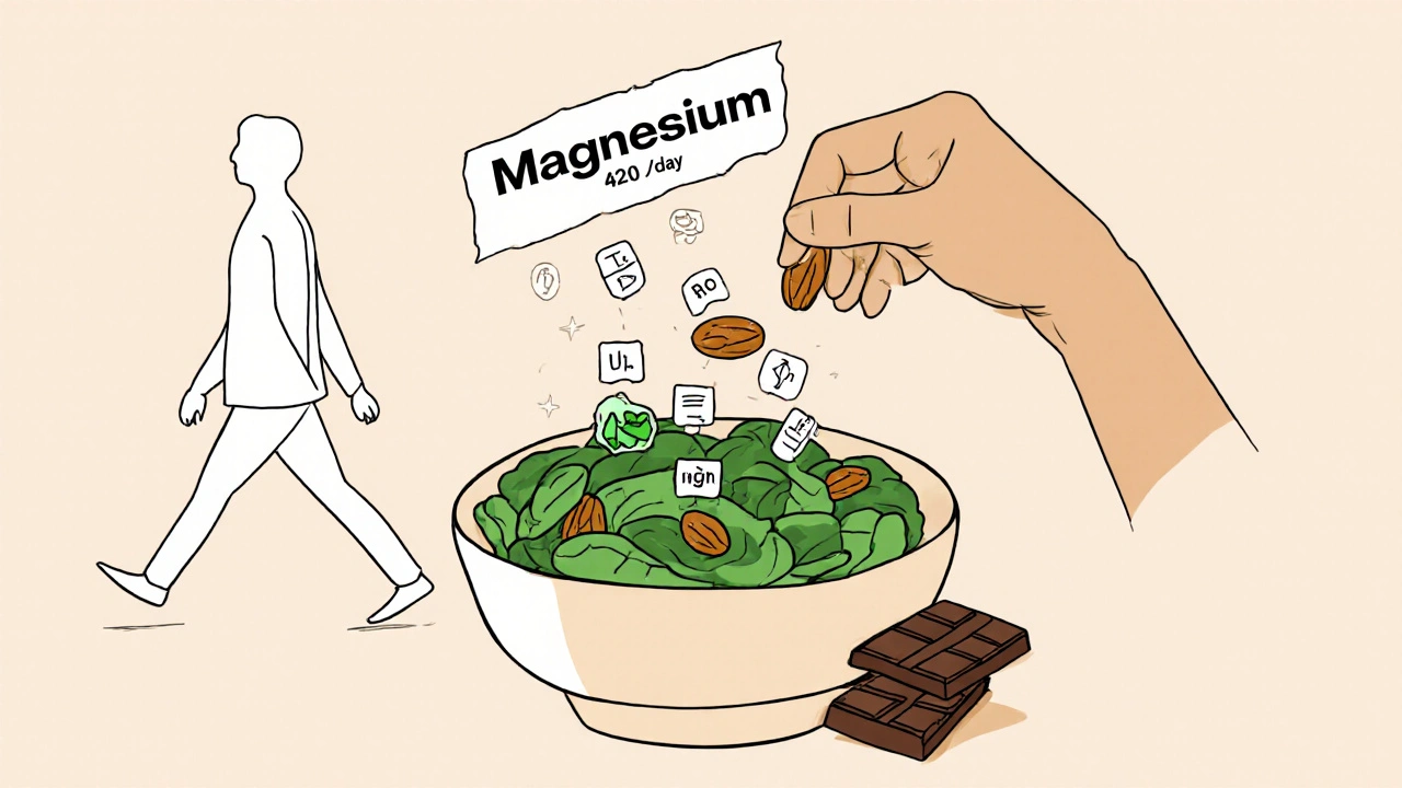 Personne mangeant des épinards, amandes et chocolat noir, avec des ions magnésium qui s&#039;élèvent vers son corps.