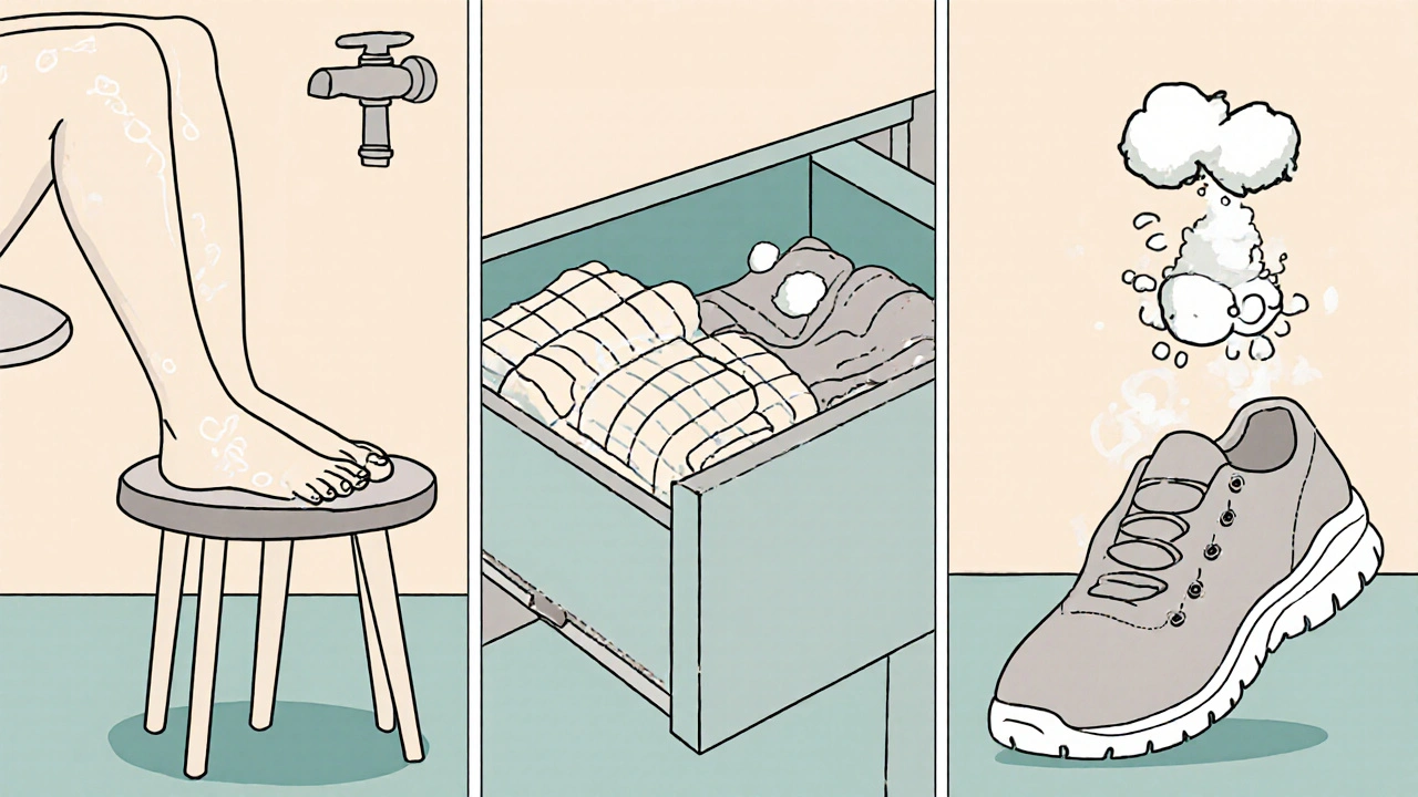 Personne se lavant les pieds, séchant entre les orteils, portant des chaussettes en coton, appliquant du talc dans ses chaussures.