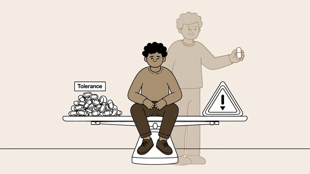 Personne sur une balance avec des pilules et une flèche vers le haut, représentant l&#039;augmentation des doses par tolérance.