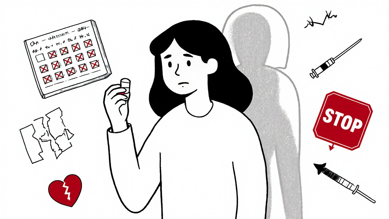 Personne tenant une pilule entourée de symboles de risque et d&#039;avertissement, illustrant la prudence après tolérance.